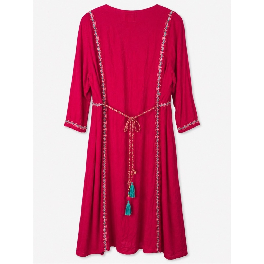 Sabhyata Magenta Pink Embroidered Boho Tunic Dress 2XL Floral Tassel Tie Back - Picture 2 of 5